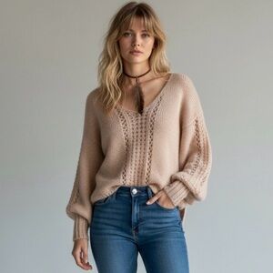 Spell Ethereal Dainty 70s Open Knit V-Neck Sweater Stone Blush Medium Large